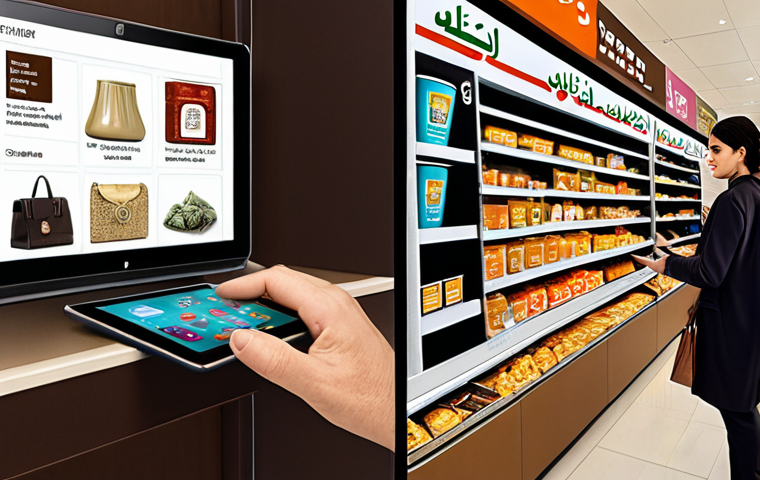 **
A split-screen illustration. On one side (labeled "Traditional Consumption" in Arabic), depict a person impulsively buying luxury goods like designer clothes and electronics, surrounded by advertisements. On the other side (labeled "Conscious Consumption" in Arabic), show a person carefully comparing product information on a tablet, with symbols of recycling and fair trade in the background. Focus on the contrast in decision-making and values.
**