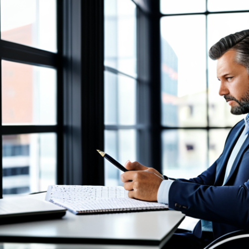 Home 6 A focused male professional in his late 30s, dressed in a modest, modern business suit, seated at a sleek minimalist desk in a bright, contemporary office. He is looking intently at a digital tablet displaying abstract data charts and notes, symbolizing self-observation and analytical thought. A pen rests beside a neat notebook. The background features blurred bookshelves and large windows with soft natural light, creating a calm and intellectual atmosphere. Perfect anatomy, correct proportions, natural pose, well-formed hands, proper finger count, natural body proportions, fully clothed, appropriate attire, professional dress, safe for work, appropriate content, family-friendly, professional photography, high quality.