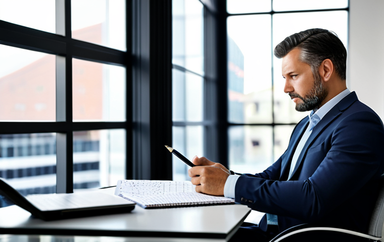 A focused male professional in his late 30s, dressed in a modest, modern business suit, seated at a sleek minimalist desk in a bright, contemporary office. He is looking intently at a digital tablet displaying abstract data charts and notes, symbolizing self-observation and analytical thought. A pen rests beside a neat notebook. The background features blurred bookshelves and large windows with soft natural light, creating a calm and intellectual atmosphere. Perfect anatomy, correct proportions, natural pose, well-formed hands, proper finger count, natural body proportions, fully clothed, appropriate attire, professional dress, safe for work, appropriate content, family-friendly, professional photography, high quality.