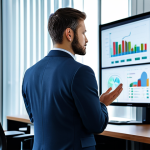A professional individual, fully clothed in a modest business suit, thoughtfully observing complex data visualizations on multiple screens in a clean, modern office setting. The scene reflects the integration of artificial intelligence tools in the workplace. The individual has a focused, natural pose, perfect anatomy, correct proportions, well-formed hands, and proper finger count. High-quality professional photograph, sharp focus, detailed, safe for work, appropriate content, professional dress, family-friendly.