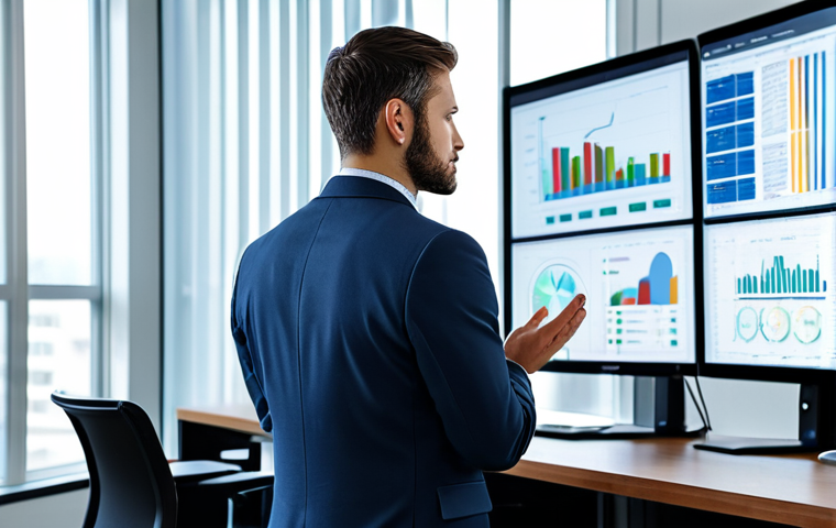 A professional individual, fully clothed in a modest business suit, thoughtfully observing complex data visualizations on multiple screens in a clean, modern office setting. The scene reflects the integration of artificial intelligence tools in the workplace. The individual has a focused, natural pose, perfect anatomy, correct proportions, well-formed hands, and proper finger count. High-quality professional photograph, sharp focus, detailed, safe for work, appropriate content, professional dress, family-friendly.
