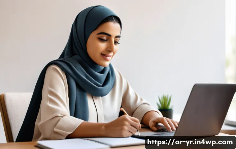 과학적 방법을 통한 목표 설정 - A focused Middle Eastern woman in her late 20s, sitting at a modern desk in a cozy home office decor...