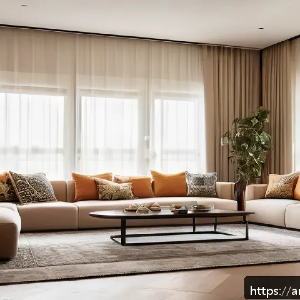 일상생활에서 실천할 수 있는 과학적 원리 - A modern, minimalistic living room interior designed for an Arabic family, featuring low shelves wit...