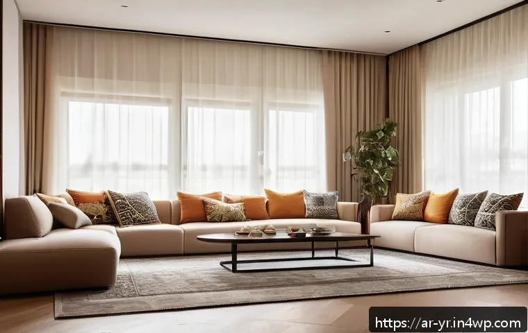 일상생활에서 실천할 수 있는 과학적 원리 - A modern, minimalistic living room interior designed for an Arabic family, featuring low shelves wit...