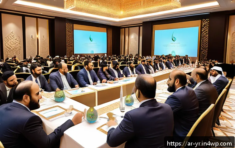 과학적 사고로 네트워킹 전략 세우기 - A professional Middle Eastern business networking event set in a modern conference hall in Dubai, fe...