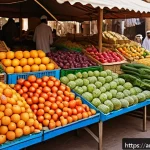 일상 속에서의 지속 가능한 소비 패턴 - A vibrant outdoor local market scene in an Arab city, showcasing a diverse array of fresh organic fr...