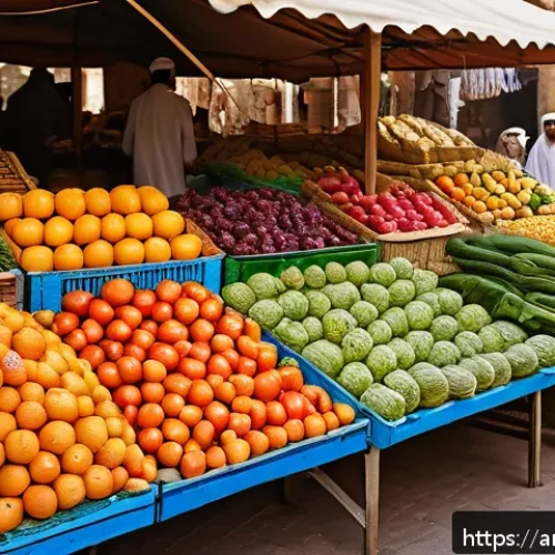 일상 속에서의 지속 가능한 소비 패턴 - A vibrant outdoor local market scene in an Arab city, showcasing a diverse array of fresh organic fr...