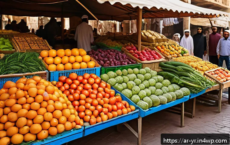 일상 속에서의 지속 가능한 소비 패턴 - A vibrant outdoor local market scene in an Arab city, showcasing a diverse array of fresh organic fr...