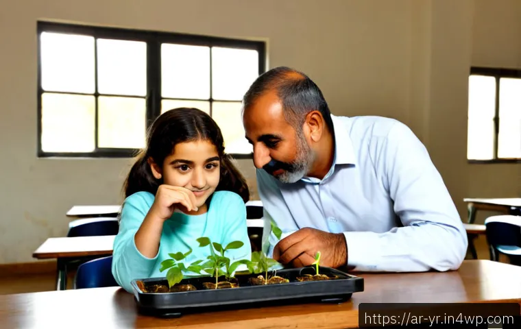 Home 17 과학적 관찰을 통한 정서적 지능 개발 - Photorealistic educational scene in a bright modern science classroom in an Arab community center, a...